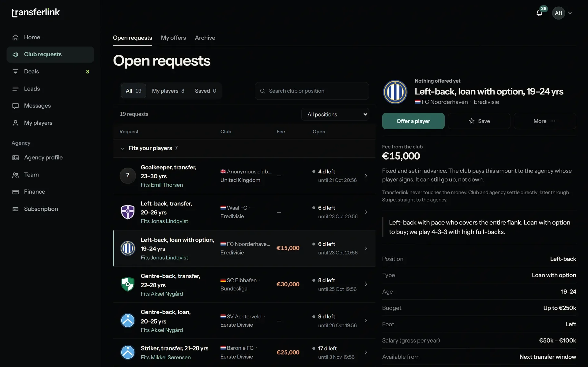 Open club requests in Transferlink with fictional clubs: per request the position, the club, the fee and until when you can respond, with one request opened