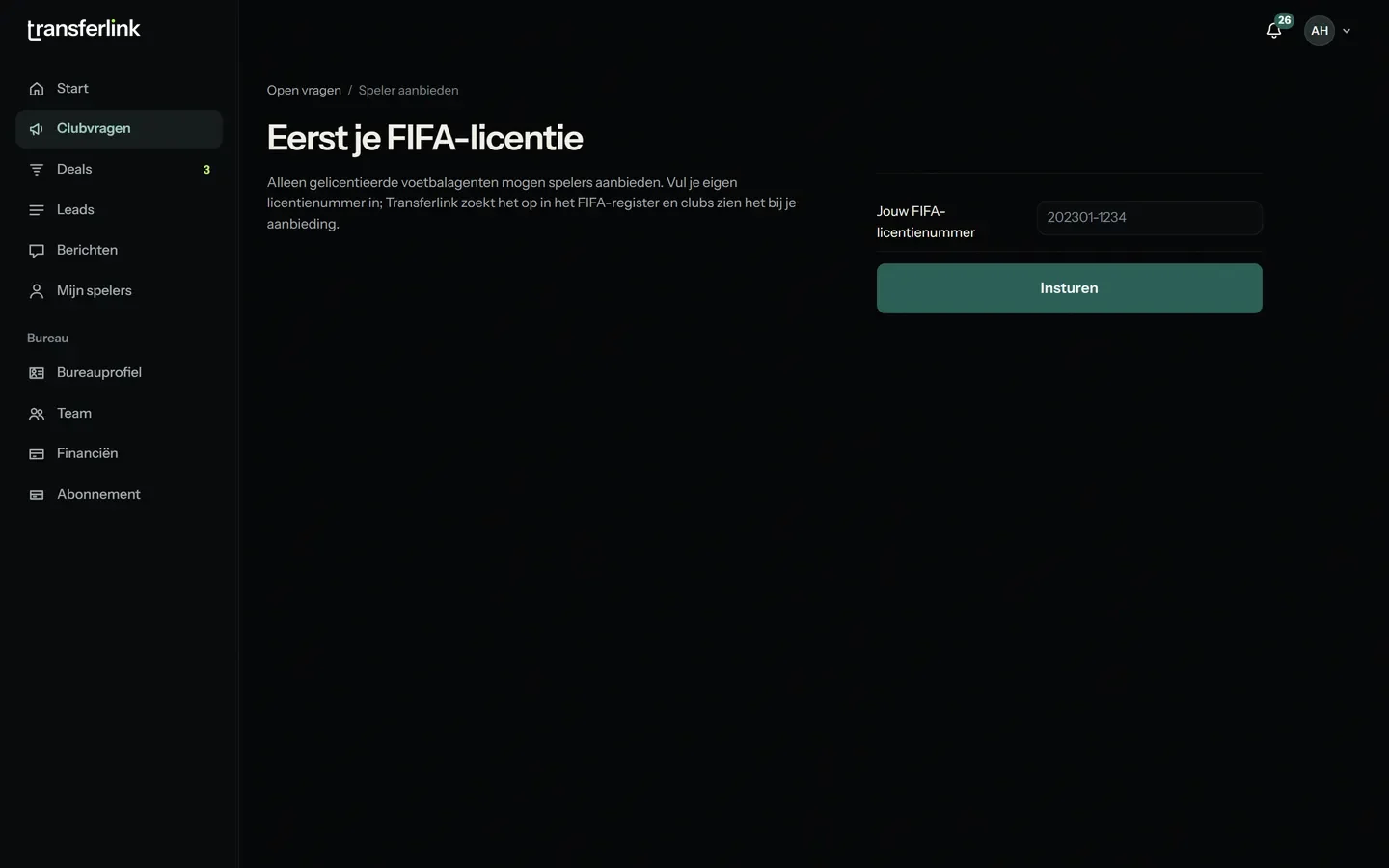 Een bureau biedt één speler aan. Met de gegevens van de speler, waarom hij past en hoe de club het ziet.