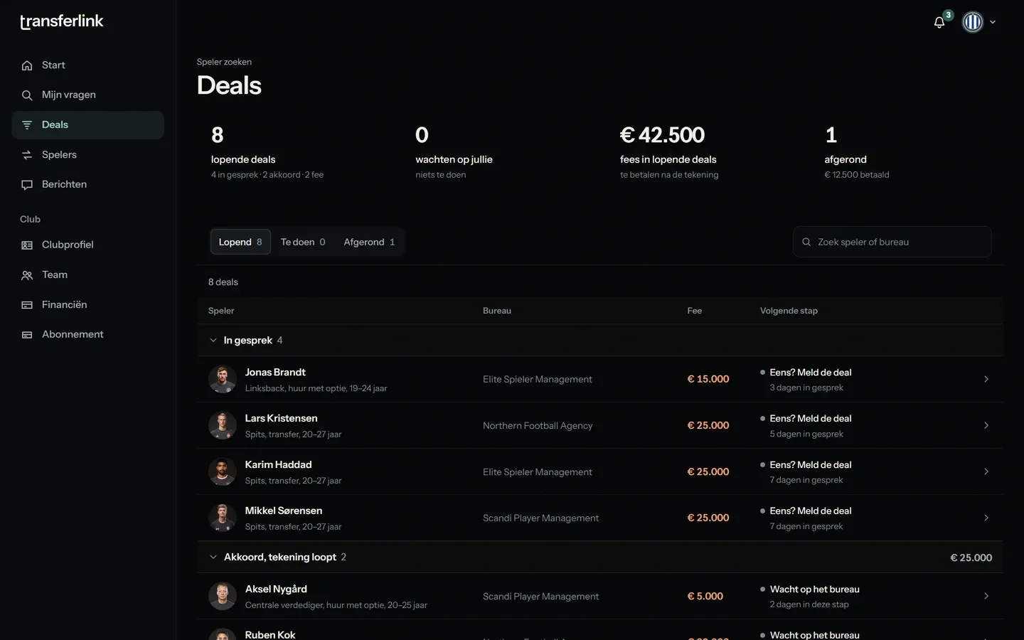 De deal, tot de fee. Akkoord, getekend, de fee rechtstreeks van club naar bureau. Elke stap blijft bewaard.