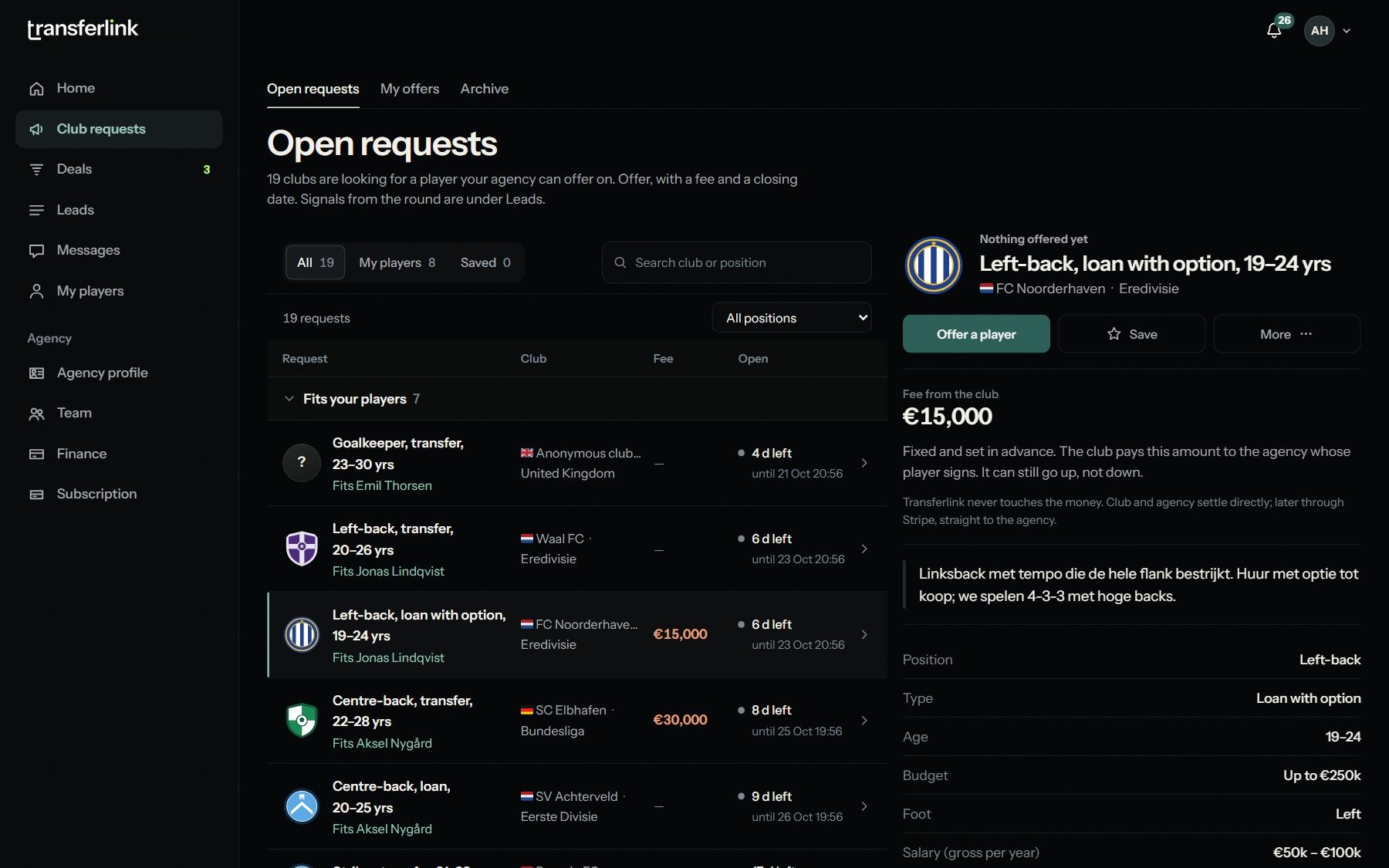 Open club requests with the fee per request, and a request with the club's fee: fixed and set up front