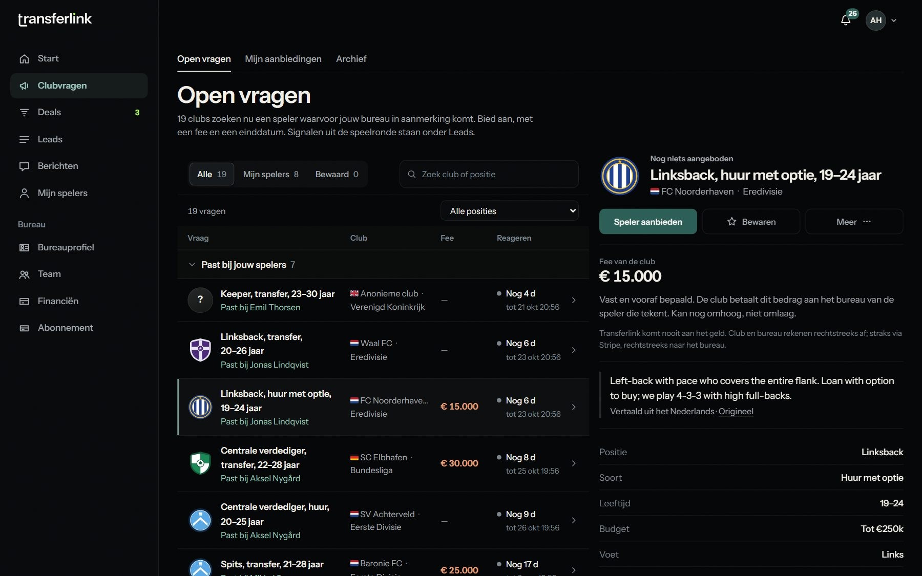 Open vragen van clubs met de fee per vraag, en rechts een vraag met de fee van de club: vast en vooraf bepaald