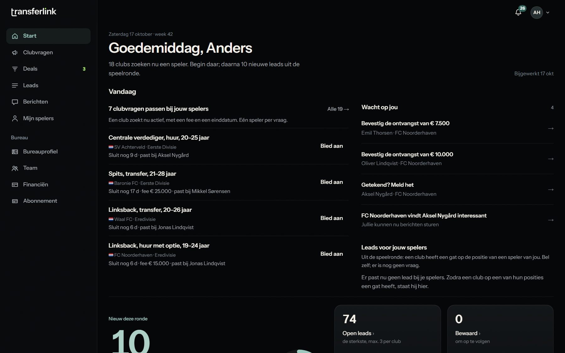 De startpagina van een bureau: wat op je wacht, clubvragen die bij je spelers passen en de leads van deze ronde