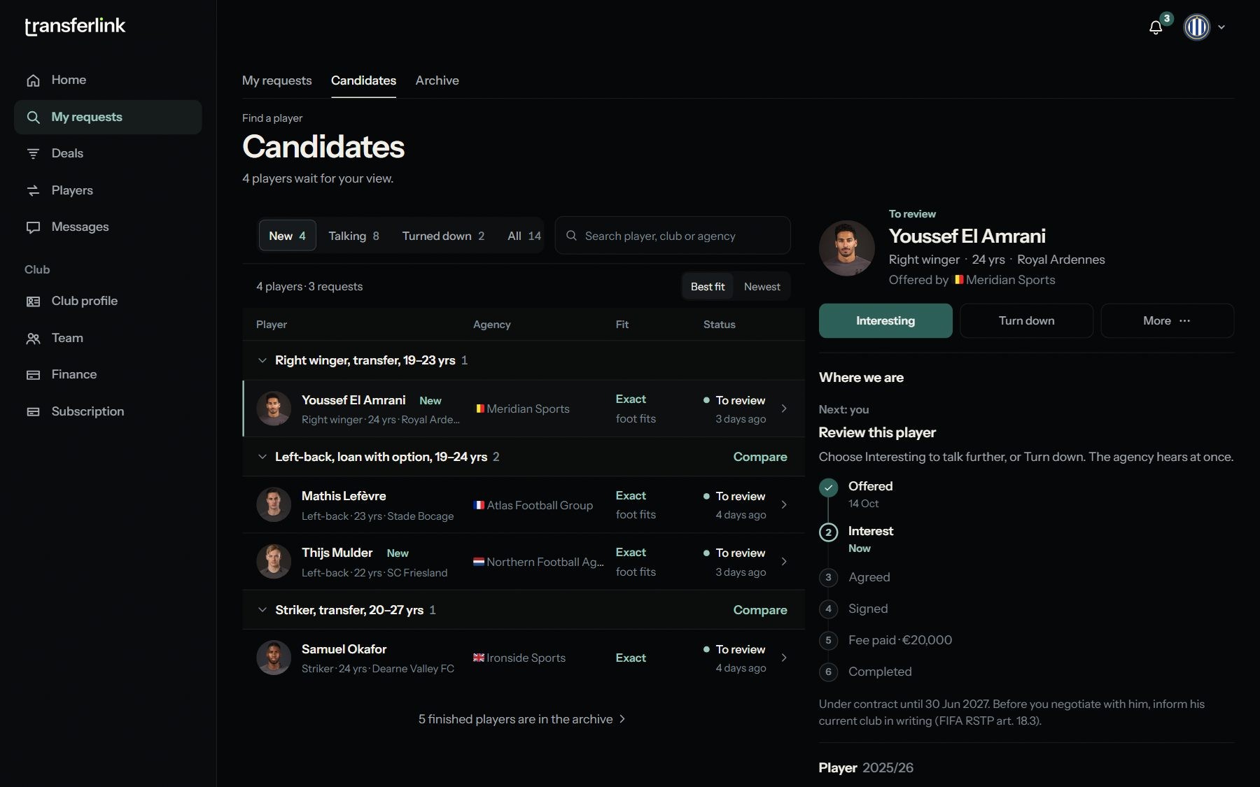 Candidates grouped per request, with a player, the agency and the Interested and Decline buttons