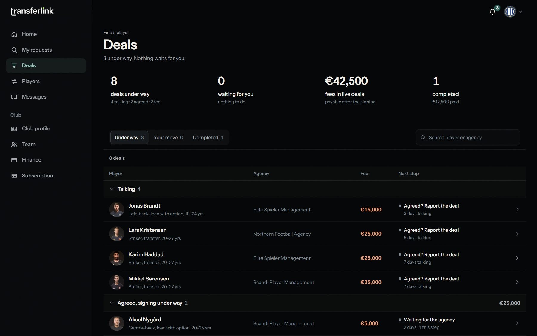 A deal at the Fee paid step: the amount, whose turn it is and the Mark as paid button