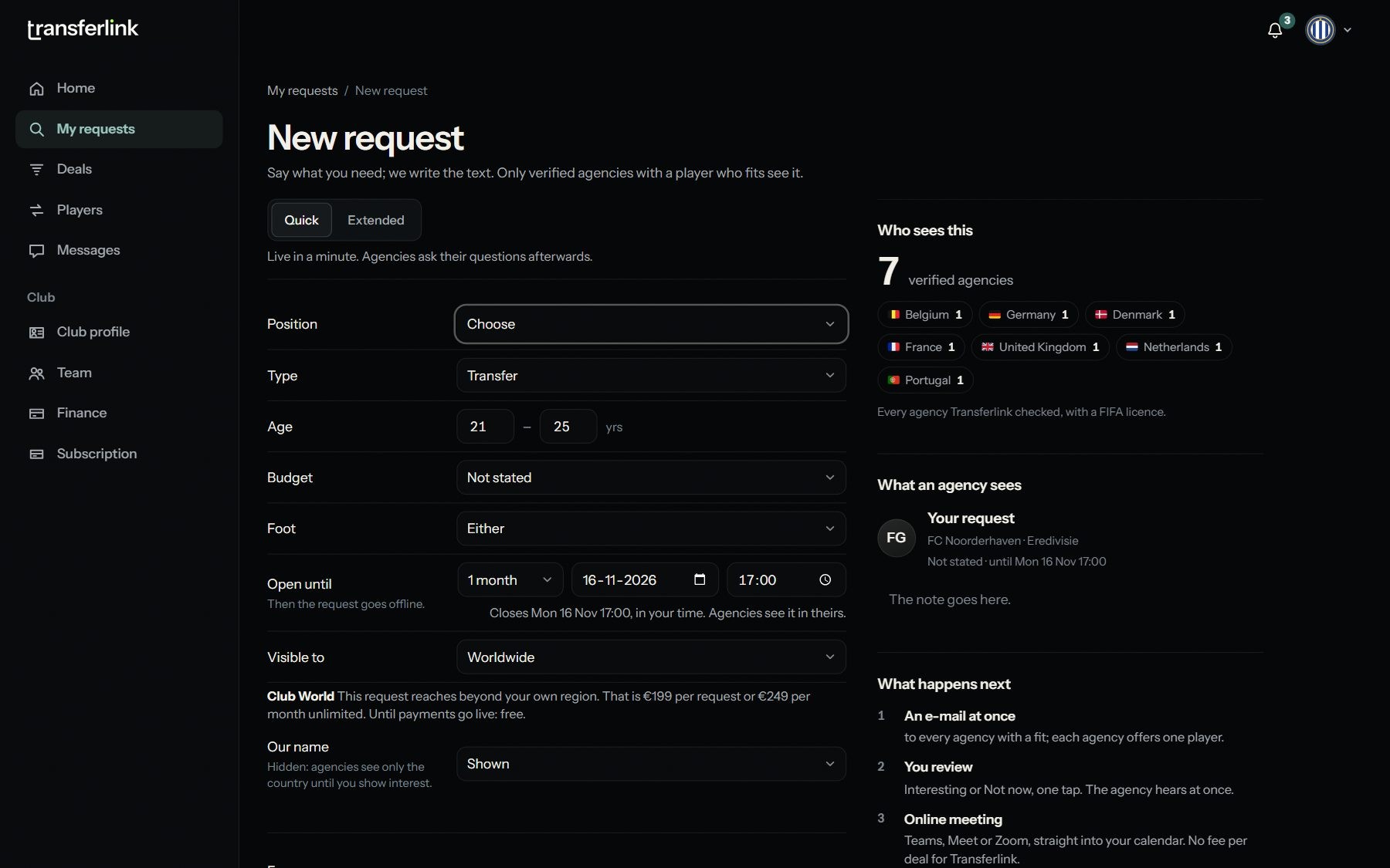 A new request: position, type, age, budget, foot, deadline and visibility, with how many agencies will see it