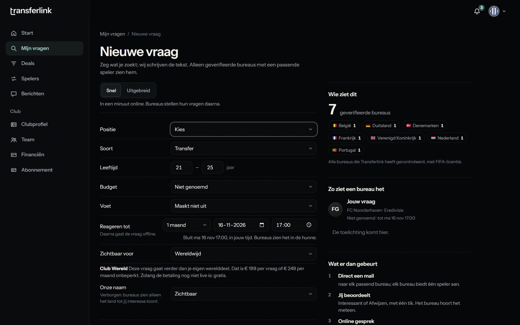 Een nieuwe vraag: positie, soort, leeftijd, budget, voet, einddatum en zichtbaarheid, met rechts hoeveel bureaus hem zien